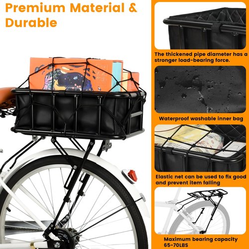 SAMRELAX Universal Rear Bike Rack with Basket - Bicycle Cargo Rack with Cargo Net and Linner, Cycling Pannier Rack, Adjustable Bike Touring Luggage Racks