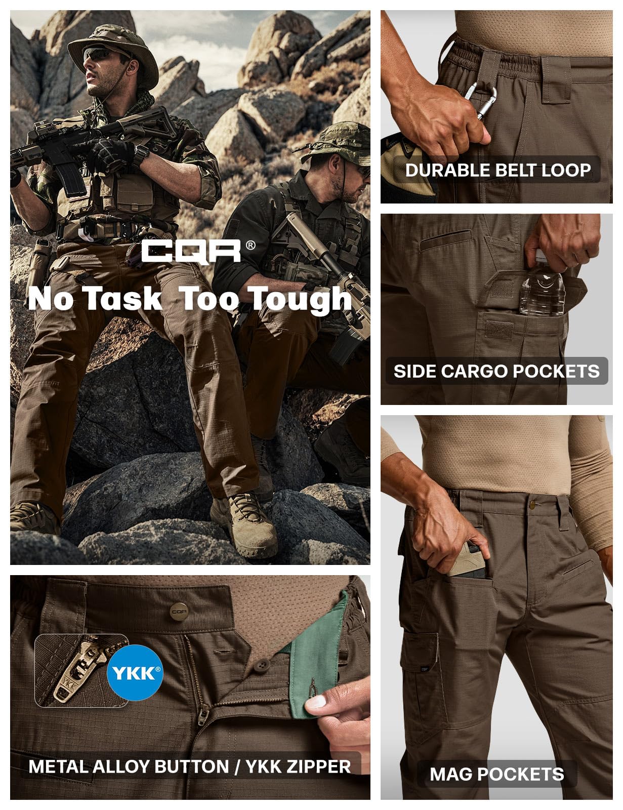 CQR Men's Tactical Pants, Water Resistant Ripstop Cargo Pants, Lightweight EDC Work Hiking Pants, Outdoor Apparel, Raider Tundra, 46W x 30L