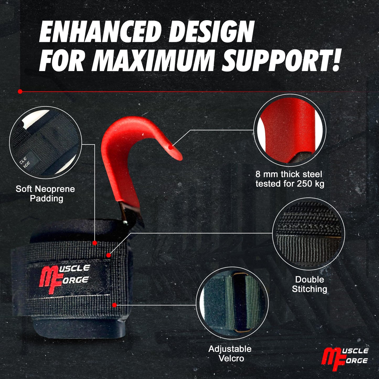 MuscleForge Weight Lifting Hooks for Men & Women - Heavy Duty Lifting Wrist Straps with Hook Grips for Weightlifting - Gym Grips for Weight Lifting, Pull Ups & Deadlift Support