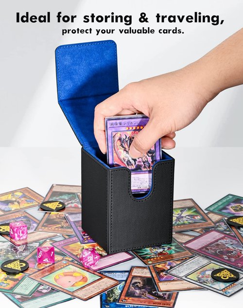 ZLCA Card Deck Box for MTG Yugioh TCG, Card Storage Box with Dividers Holds 100+ Sleeved Cards, Premium Card Deck Case Compatible with CCG Trading Cards (Black&Blue,Puzzle)