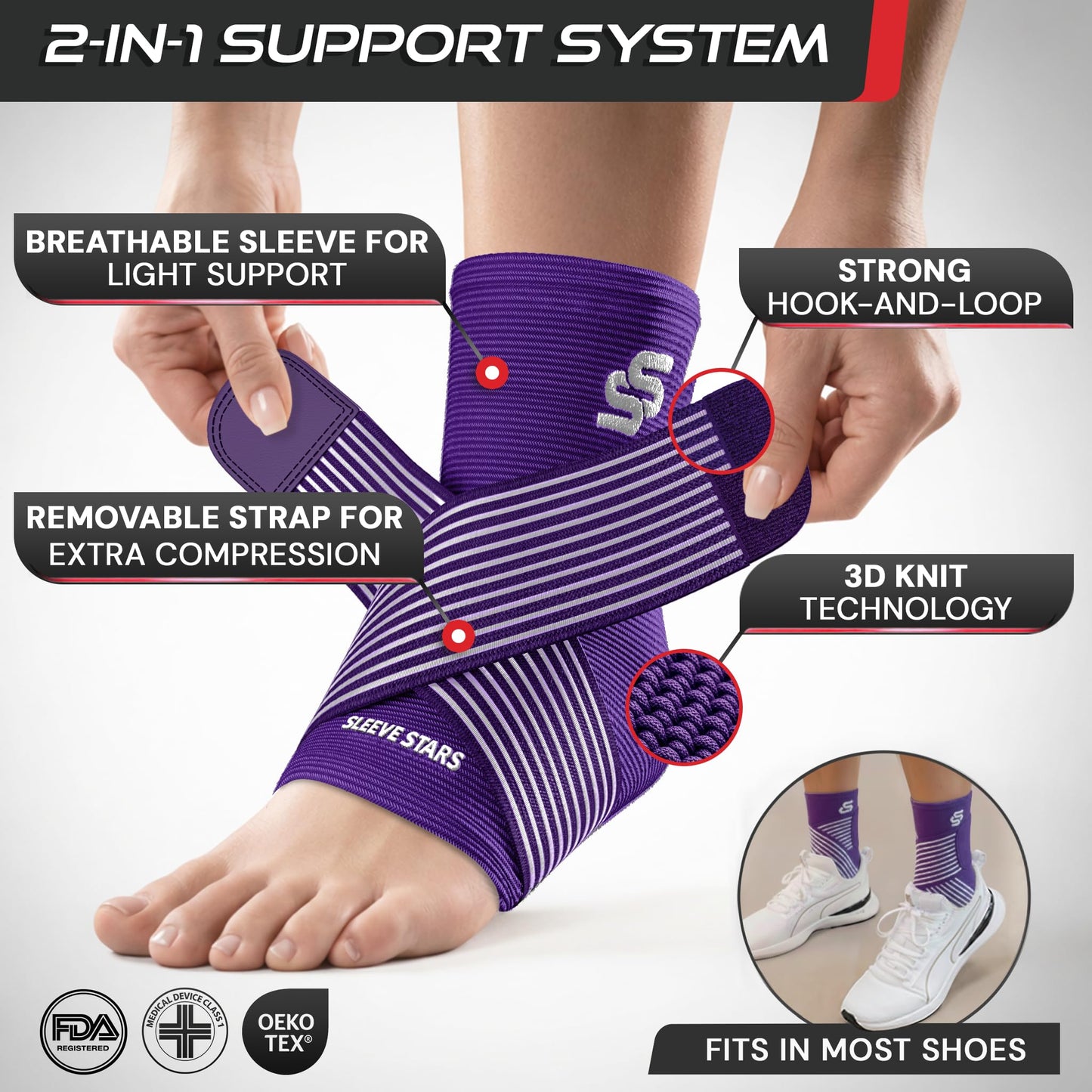 Sleeve Stars Ankle Brace for Women & Men, Ankle Wrap for Sprained Ankle, Compression Sleeve for Plantar Fasciitis Relief, Easy Customizable Support: w/Removable Strap (Single/L:12"-13"/Dark Purple)