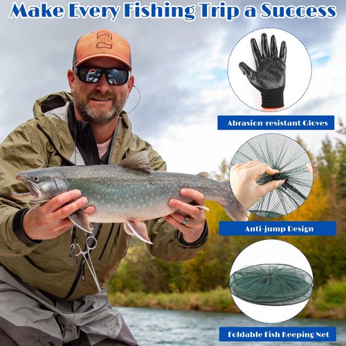 Aodaer 6 Pieces Foldable Drop Net 31.5 Inches Fishing Net Trap with Fish Keeping Net Bait Bag Rope Gloves Hand Casting Cage Crab Net Fishing Mesh Trap for Minnows, Crab, Lobsters, Fishes