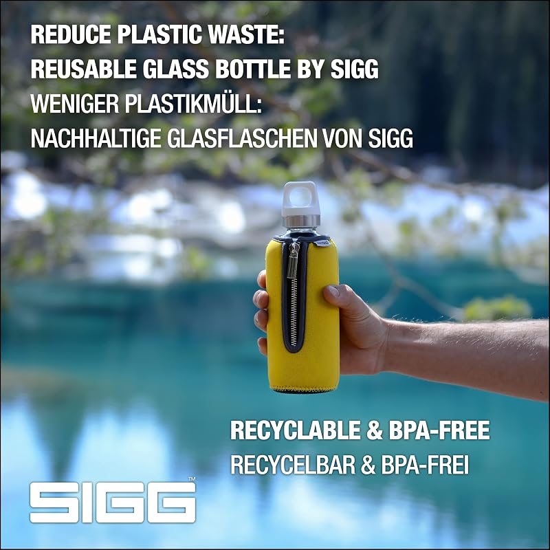 Sigg Stella Glass Water Bottle 17 oz with Neoprene Sleeve - Yellow - Leakproof & Dishwasher Safe