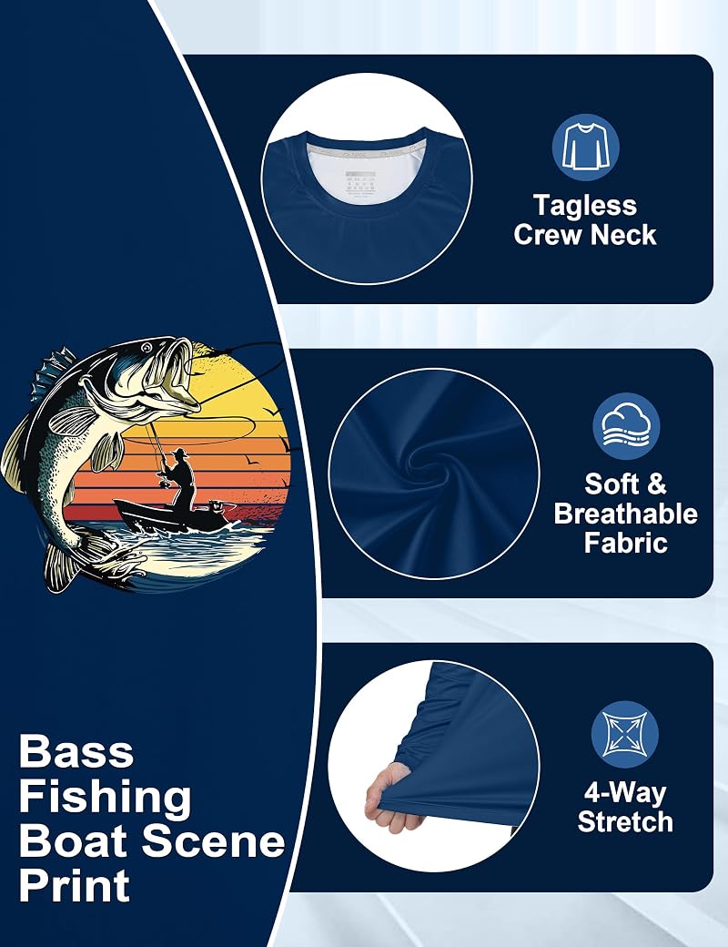 FISHEAL Men’s UPF 50+ Rash Guard Long Sleeve Fishing Shirt - Lightweight Quick Dry, 01-bass