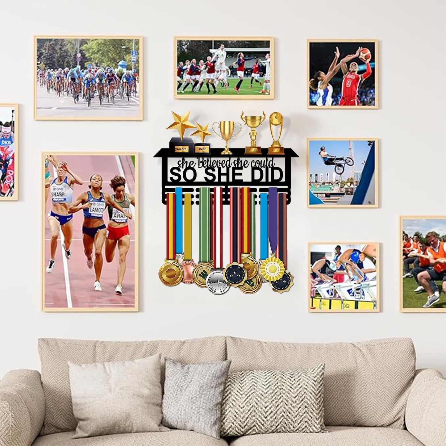 Resama Fashion Medal Hanger Holder Display Wall Rack Frame Shelf-Black Metal Medal Hanger with Trophy Shelf Awards Ribbon Cheer,Gymnastics,Soccer Easy to Install