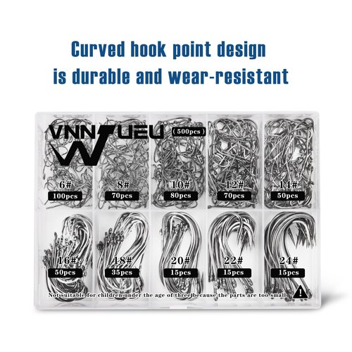 Carbon Steel Fishing Hooks 500 Pcs, Circle Hooks Assortment for Saltwater Freshwater Ice Fishing, Salt Water Fish Hooks for Catfish Trout Bass Octopus Multi Size 6 8 10 12 14 16 18 20 22 24