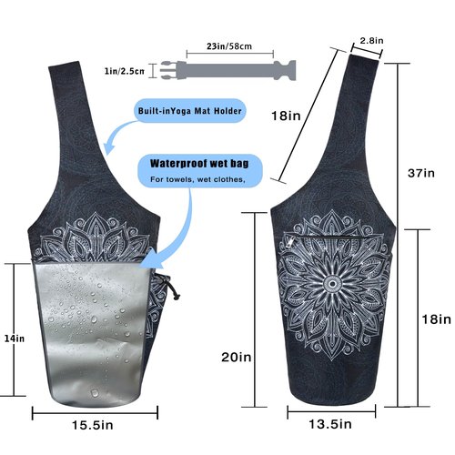 Yoga Mat Bag - Large Opening Long Tote Yoga Mat Carrier Holder Bag with Waterproof Wet Zipper Pocket and Drawstring Water Bottle Pocket - Yoga Bag Fit Most Size Mats - Mandala