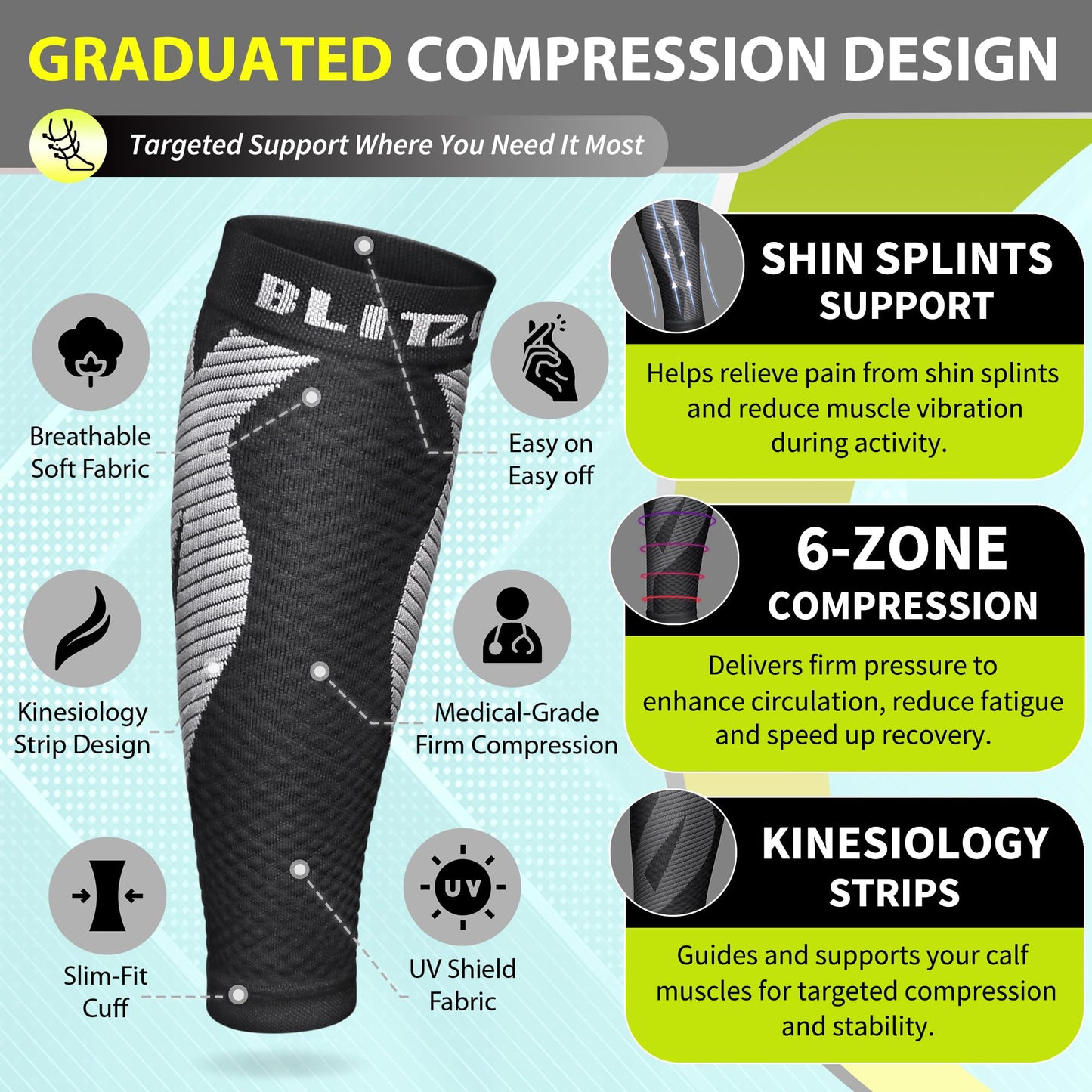BLITZU Calf Compression Sleeve for Women and Men, Shin Splint Sleeves for Varicose Veins, Nursing, Pregnancy, Running, Footless Compression Socks Support for Calf Muscle Pain Relief Black S-M