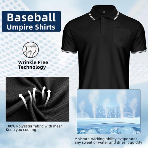 CUTIEHON Men's Baseball Umpire Shirt, Short Sleeve Referee Jersey Shirts Sized for Umpire Chest Protector Black