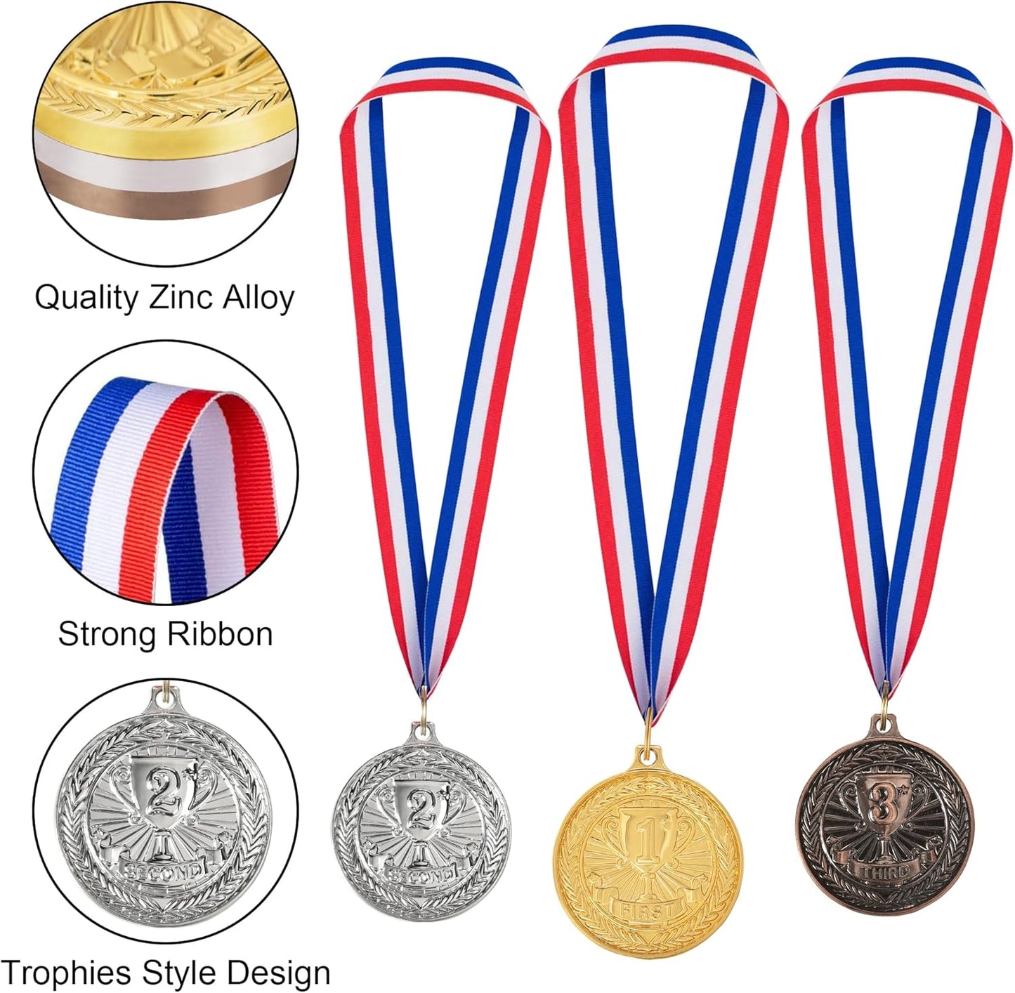 12 Pieces Gold Silver Bronze Award Medals, 1st 2nd 3rd Award Medals Metal Winner Medals Prizes with Neck Ribbon for Sports, Competitions, Olympic Style, 2 Inches