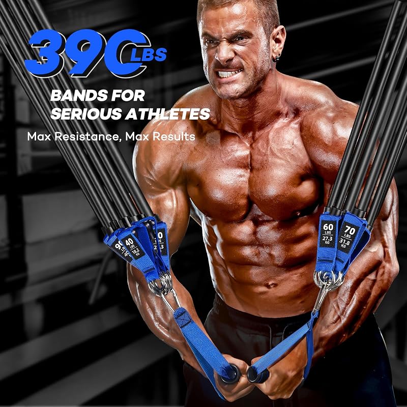 Heavy Resistance Band Set 390 lb with Handles – 6 Levels, Latex Exercise Tubes