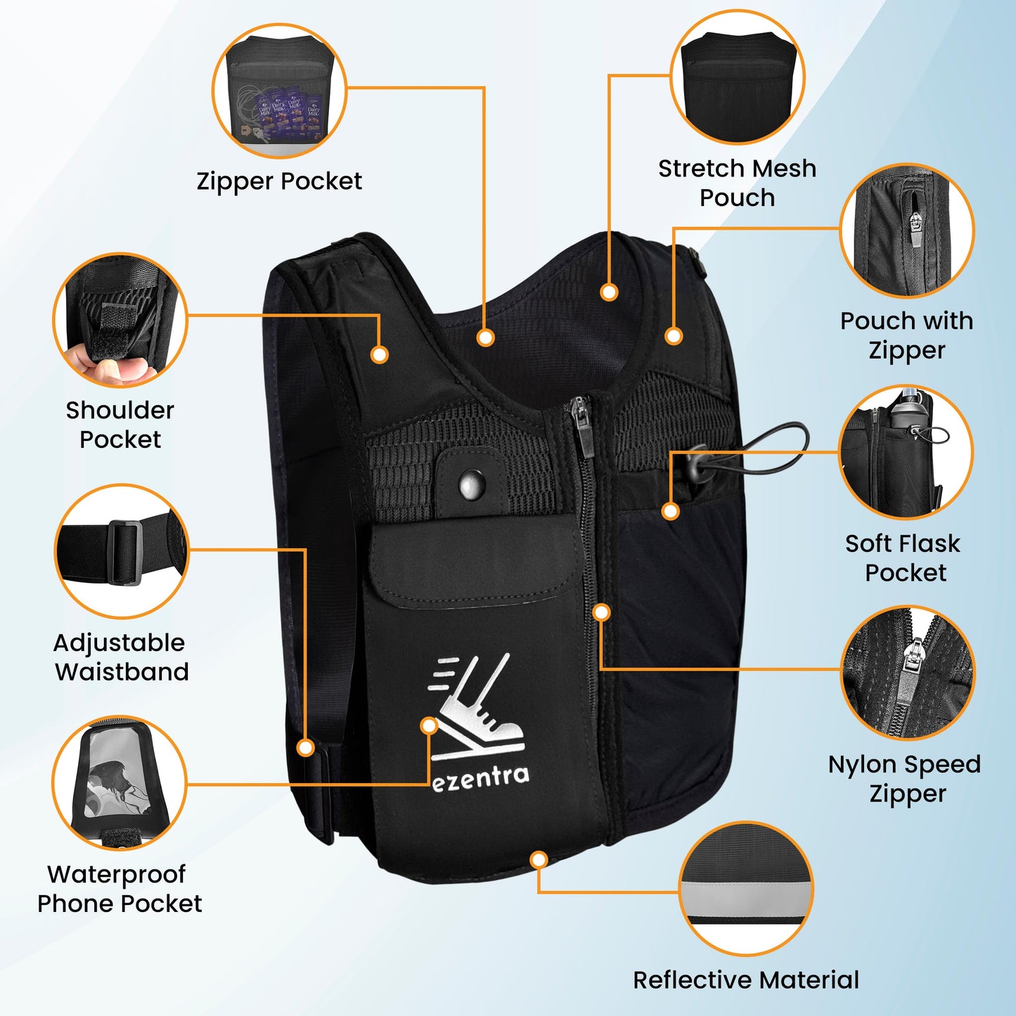 EZENTRA Running Vest Zip, Reflective Running Vests with 6 Pockets, 500ml Hydration Bottle, Adjustable Chest & Waistband, Breathable Material, Chest Pack Gear, Phone Holder, Men & Women,