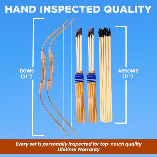 Adventure Awaits! - 2-Pack Handmade Wooden Bow and Arrow Set - 20 Wood Arrows and 2 Quivers - for Outdoor Play