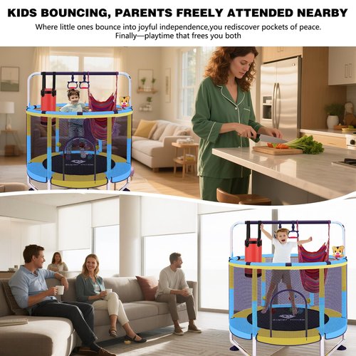 Trampoline for Kids, 5FT Adjustable for Toddler, Indoor/Outdoor Baby Trampoline with Enclosure Net, No-Gap Safe Design, Gifts for Boys & Girls (Yellow&Blue)