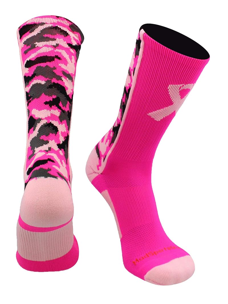 Pink Ribbon Camouflage Crew Socks for Sports - Small Neon/Pale Pink Variation