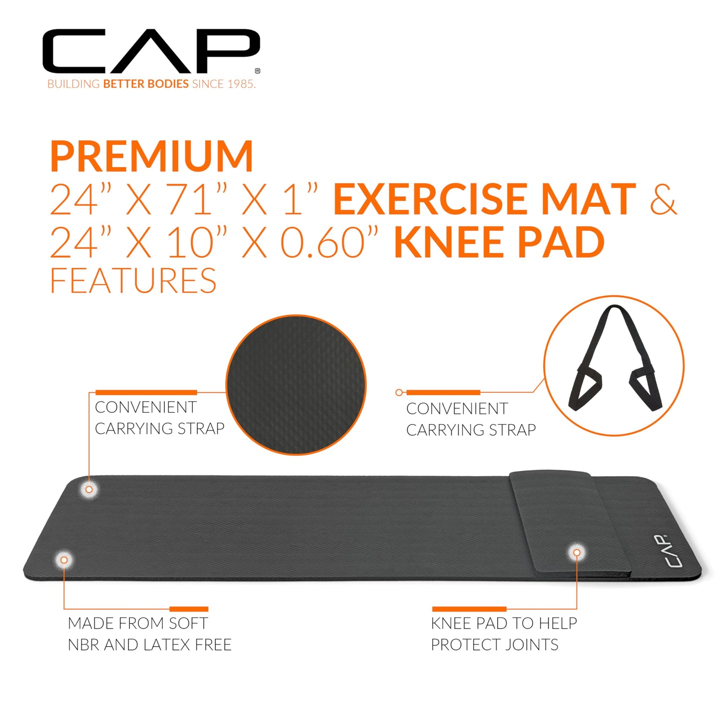 CAP Barbell High Density Exercise Yoga Mat with strap and Knee Pad 71"x24"x1/2" BLACK