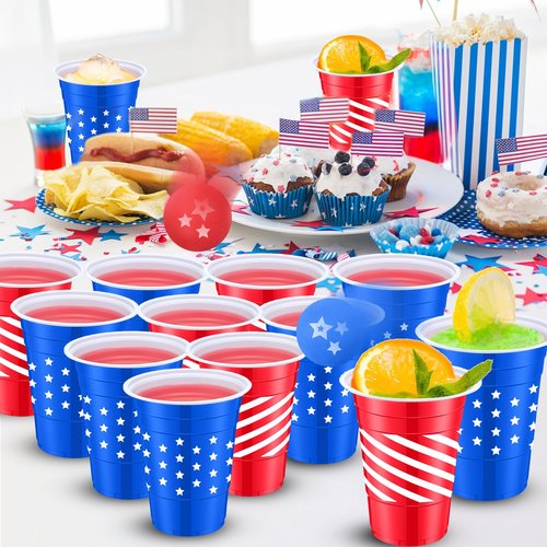 Foilswirl 32 Pcs 4th of July Party Game Set Include 16oz Patriotic 4th of July Plastic Cups with 8 Balls Red White Blue Cups for Independence Day Party Decor Juice Beverage Outdoor Toss Game Supplies