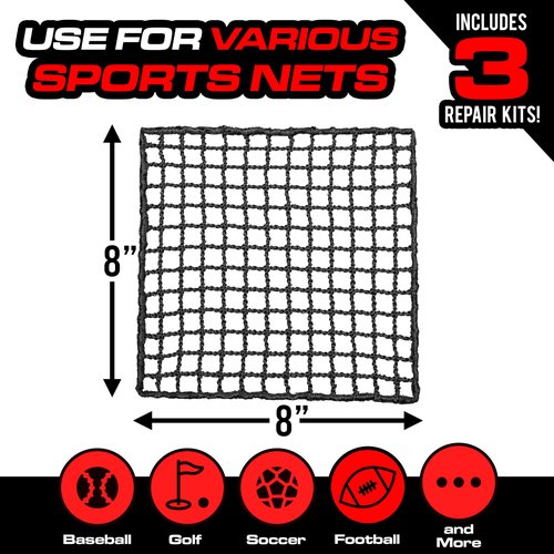 GoSports 3 Pack Universal Sports Net Repair Kits for Golf, Baseball, Soccer, and More - 8 x 8 Inch Sports Netting Patch Kits