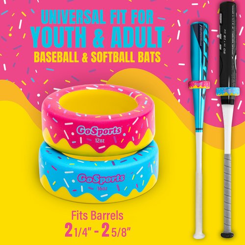 GoSports Baseball and Softball Bat Donuts - 2 Pack Baseball Drip Bat Weights - 16 oz & 12 oz