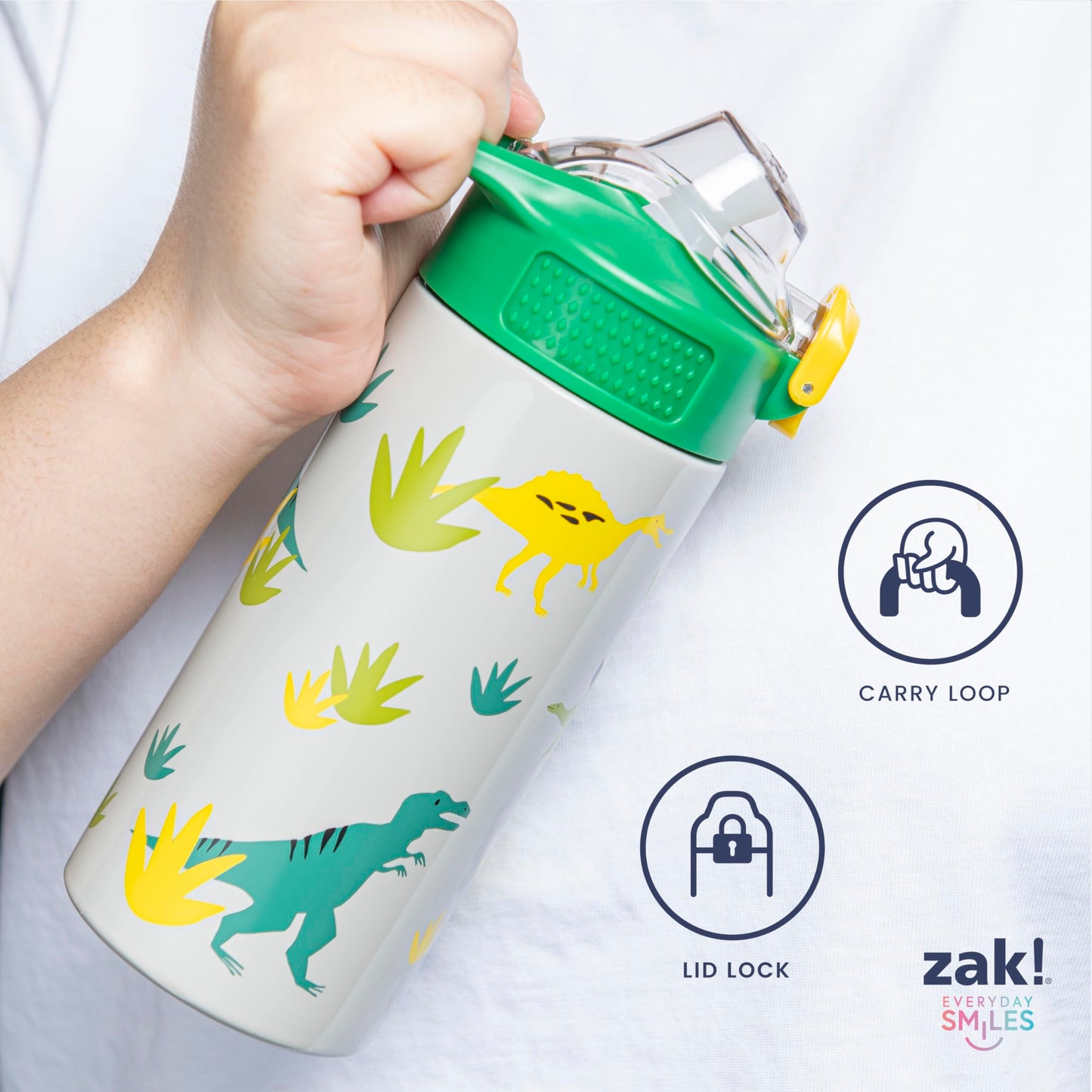 Zak Designs Sage Kids Water Bottle For School, Travel or At Home, 14oz Stainless Steel Water Bottle With Straw, Handle, and Leak-Proof, Pop-Up Spout Cover (Dino)
