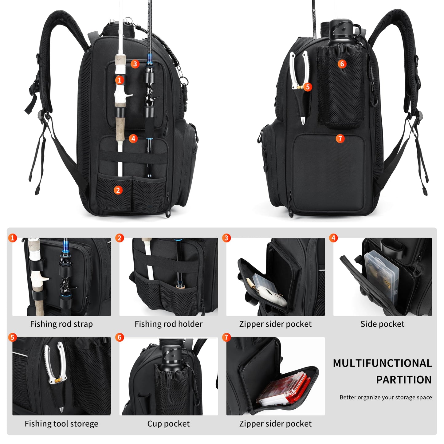 Rabjen Fishing Tackle Backpack with Rod Holders, Bottle Holder, Storage Bag Store Fishing Gear