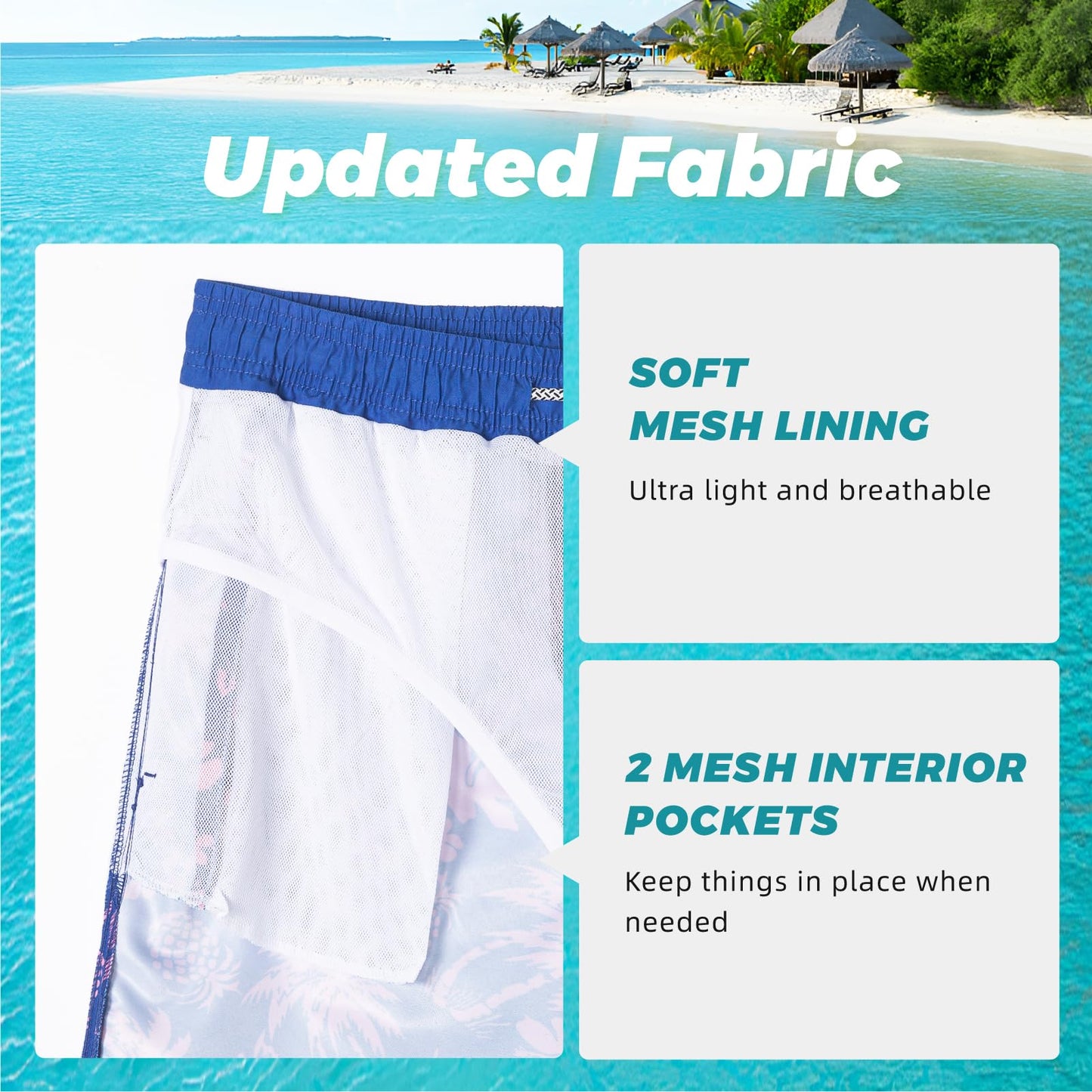 SURF CUZ Mens Swim Trunks 7" Swimming Trunks with Mesh Liner Quick Dry Swim Shorts for Men Swimwear Bathing Suits Pockets,Pink Coconut Grove,L