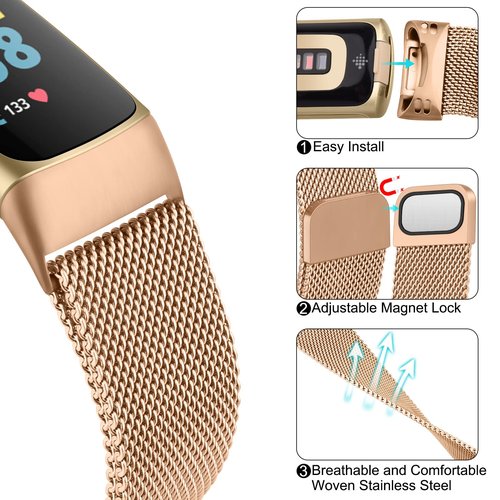 Meliya for Fitbit Charge 6 Bands Women Men, Stainless Steel Metal Mesh Loop Adjustable Magnetic Wristband Replacement Straps Compatible with Fitbit Charge 6 Fitness Tracker (Rose Gold)