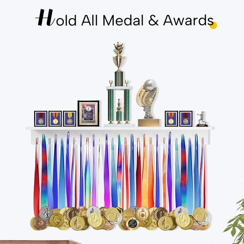 Defined Deco 3ft-Medal Awards Rack Ultimate Medal Hanger Display and Trophy Shelf,36" Wooden Trophy and Medal Display Shelf,for Medal Display,Plaques,Pictures,Trophies and More(White)
