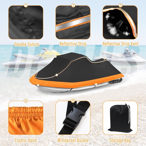 CoukouCover Jet Ski Cover, Heavy Duty Waterproof Jetski Covers, 3 Seater PWC Cover with Reflective Strips and Vents for Seadoo Yamaha Kawasaki Polaris, Fits Lengths from 126-135” (Black&Orange)