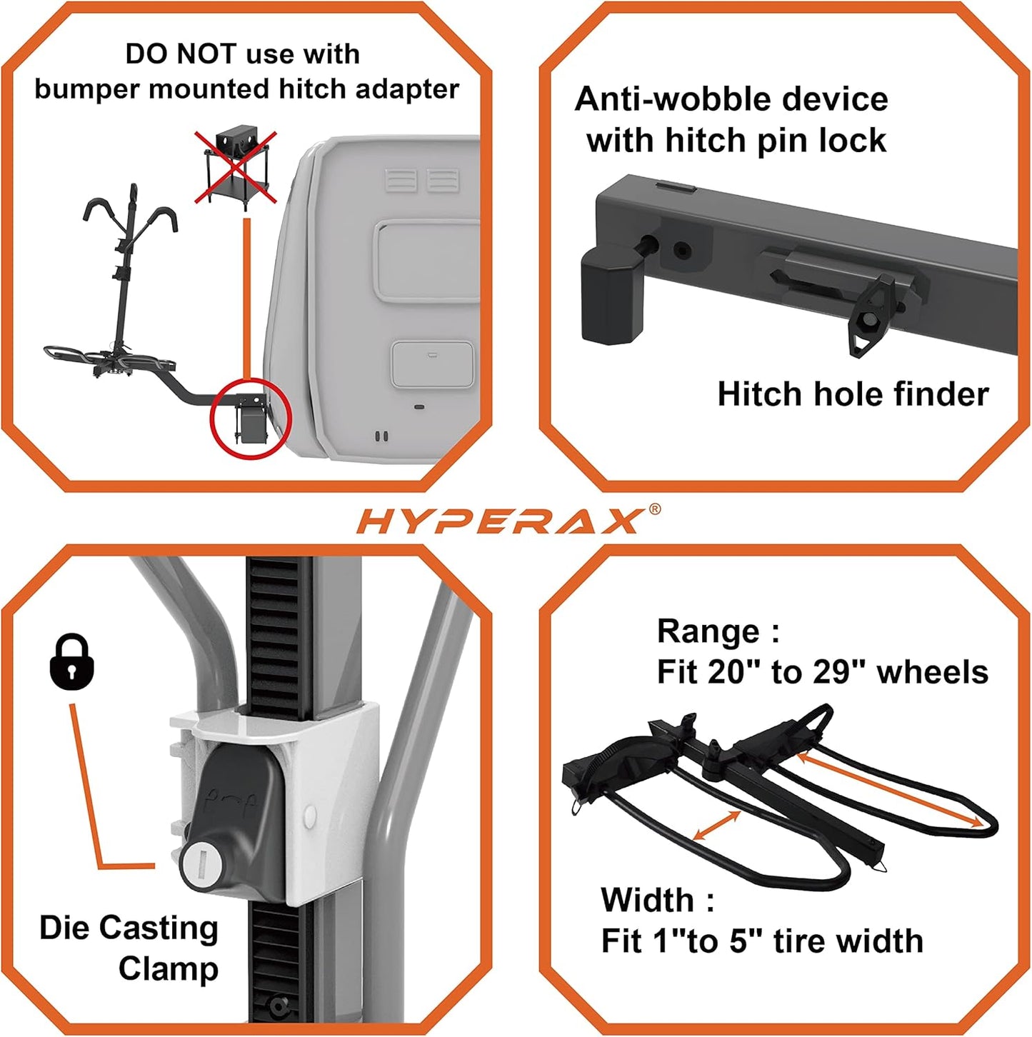 HYPERAX Volt RV -RV Approved Hitch Mounted 2 E Bike Rack Carrier for RV,Camper,Motorhome,Trailer,Toad with 2" Tow Hitch Receivers - Up to 2X 70lbs eBikes with Up to 5" Fat Tires