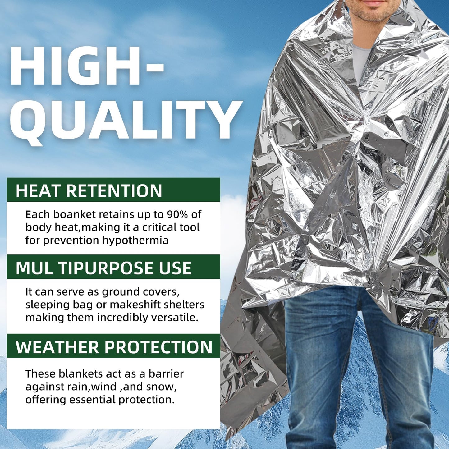 4 Pack Emergency Blanket, Premium Mylar Bankets, Thermal Blanket for Camping, Space Blankets Survival, Foil Blankets for Warmth, Heat Reflective Blanket for Outdoors, Hiking, Marathons, First Aid