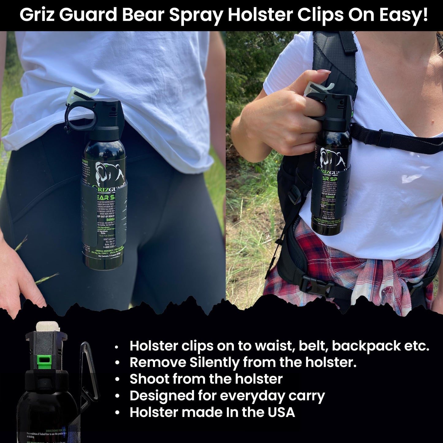 Griz Guard Bear Spray with Holster 2 Pack – Max Strength 7.9 oz, 40-Foot Range, EPA-Registered Deterrent for Bears, Mountain Lions, Coyotes, Dogs & Moose, Glow Safety Clip, Hiking & Camping Protection
