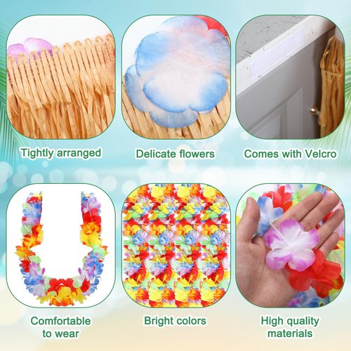 Zeyune 19 Pcs Summer Parade Golf Cart Decorations Kit Hawaiian Luau Grass Fringe Banner 19.7 ft Plastic Flower Lei Garland Summer Luau Stickers for Golf Cart Summer Theme Decorations