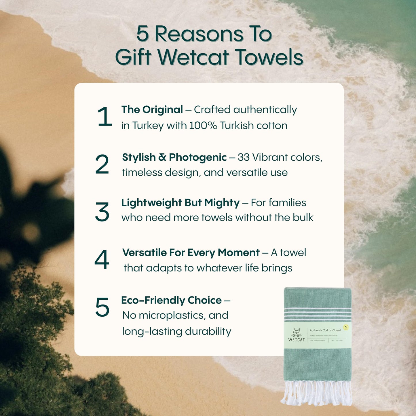 WETCAT Turkish Beach Towel Oversized (38"x71") 100% Turkish Cotton, Made in Turkey - Sand Free, Extra Large, Ultra Soft, Quick Drying, Compact & Lightweight for Travel - Turquoise