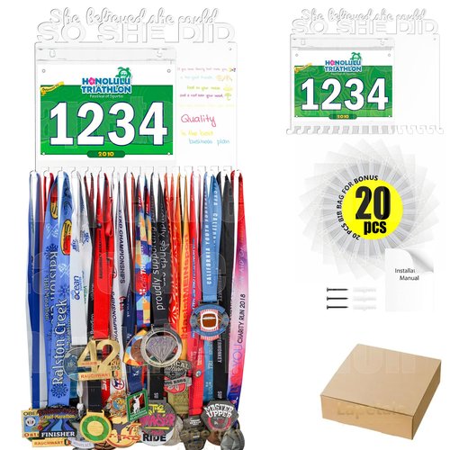 Lapetale Fashion She Believed She Could SO SHE DID Race Bib and Medal Display,White Marathon Medal Display and Runner Medal Hanger Display,Bib Running Medal Display Gifts For Runners Athlete Luxurious