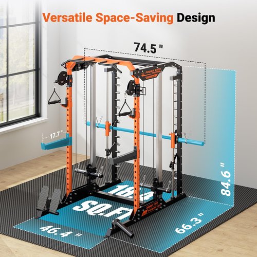 YOLEO Smith Machine with Independent Dual-Pulley System, 1700LBS Adjustable Cable Crossover Squat Rack, Multi-Functional Power Cage for Home Gym with More Workout Equipment LAT Pulldown Bar & Dip Bar