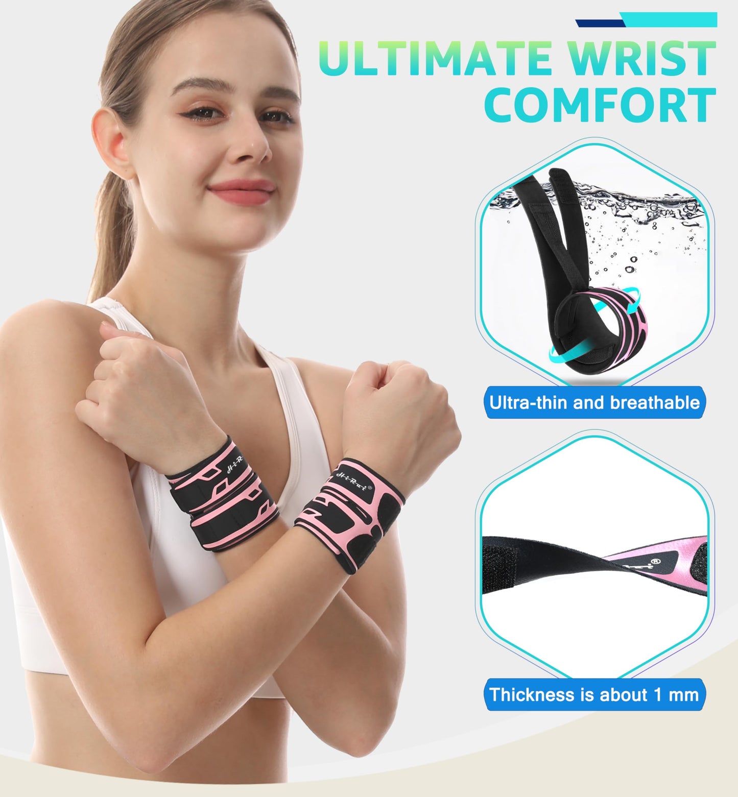 HiRui Wrist Brace Wrist Wrap for TFCC Tears, Ultra-thin Compression Wrist Strap Wrist Support for Workout Basketball Tennis Weightlifting Tendonitis Carpal Tunnel Syndrome-Adjustable (Pink, 1 Pack)