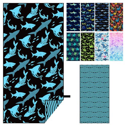 MelonBoat Large Microfiber Beach Towel: Large Bright Cyan Shark Beach Towel for Travel, Super Absorbent Quick Dry Sand Free, Lightweight Compact for Kids Trip Vacation Bath Camping Pool Swim, 1 Pack