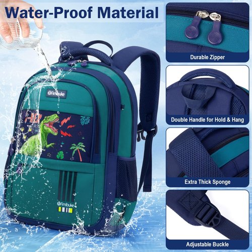 Fimibuke Kids Backpack for School Boys - 3 PCS Waterproof Teen Boy Backpack with Lunch Box & Pencil Pouch Set, School Bag Bookbag Daypack for Kindergarten Elementary Middle School, Age 5+(Dinosaur)