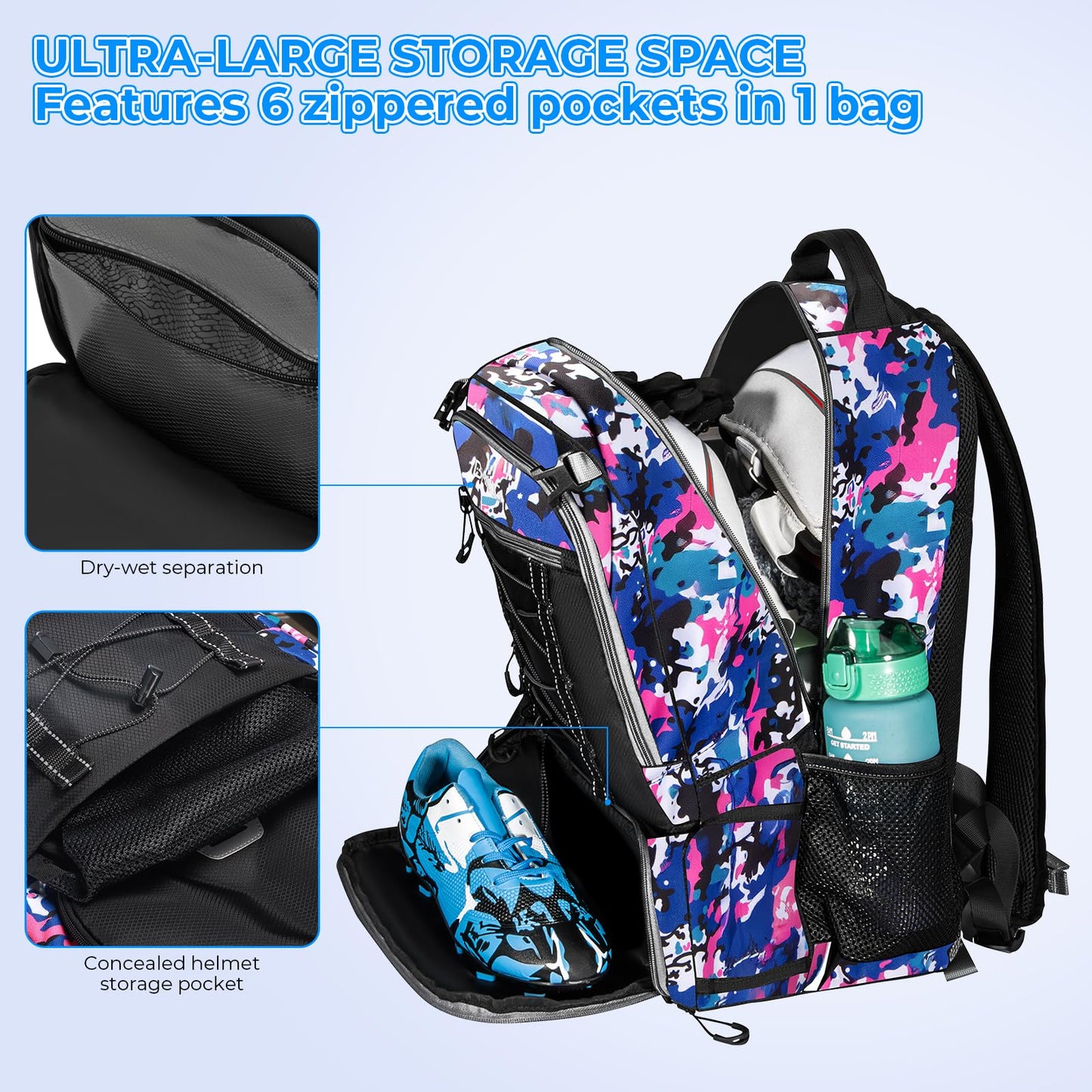 BAIXIXIG Lacrosse Bag for Kids and Youth, Lacrosse Backpack with Helmet Holder and Shoes Compartment, Waterproof Field Hockey Gears Bag for Boys & Girls, Pink