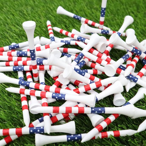 FINGER TEN Golf Tees Wood 3 1/4 2 3/4 Inch Wooden Bamboo 50/120 Count, Durable Biodegradable Colored Bulk Tee 70mm 83mm (USA Flag, 2 3/4 Inch(50 Pack))