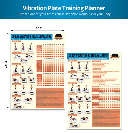 Whole Body Vibration Plate Exercise Poster Set - 6 Workout Guides & 2 Customizable 30-Day Plans for Home & Gym Use