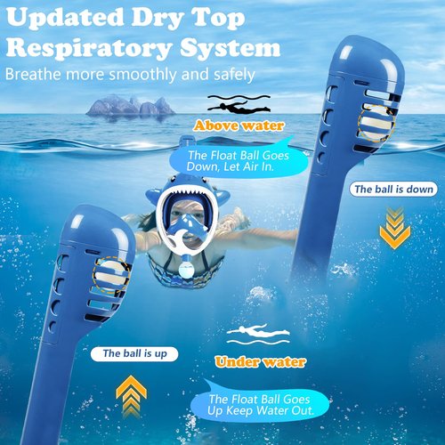 Snorkeling Gear for Kids with Water Blaster, Full Face Snorkel Mask Kids Check Valve Safe Breathing, 180 Degree Panoramic View Child Snorkel Mask, Children Snorkel Set for Ages 6-14 (Blue)