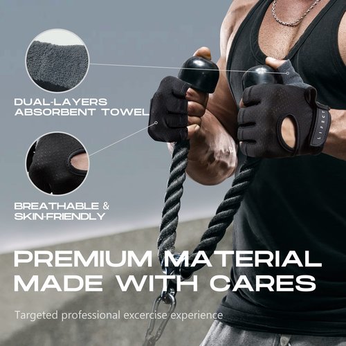 LIFECT Essential Breathable Workout Gloves, Weight Lifting Shorty Fingerless Gloves with Curved Open Back, for Gym, Women and Men (Black, Medium)