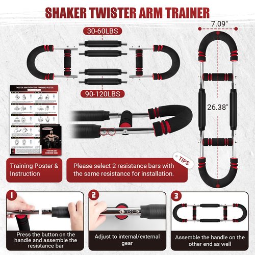 Twister Arm Trainer, Adjustable Twister Arm Chest Exerciser with 4 Spring & Training Poster for Men & Women, Detachable Power Twister Home Fitness Equipment for Enhancing Upper Body Muscle -Red