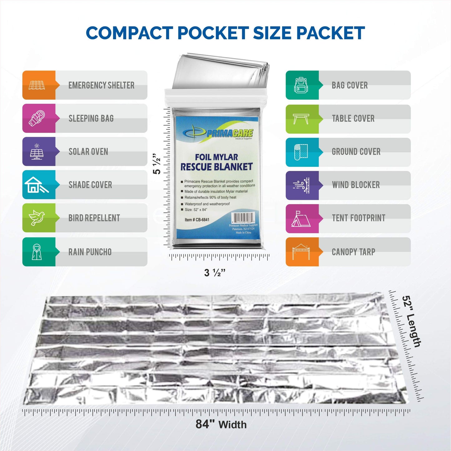 Primacare HB-10 Emergency Mylar Thermal Blankets – 10 Pack, 84" x 52", Silver – Reflective, Waterproof, Retains 90% Body Heat – for Survival, First Aid, Outdoors, Camping, EMS