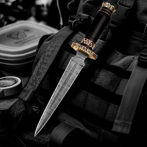 Handmade Damascus Steel Dagger Knife Set, 12.5" Fixed Blade, Camel Bone & Bull Horn Handle, Sharp Outdoor Hunting Knife with Sheath – Premium Quality (Black)