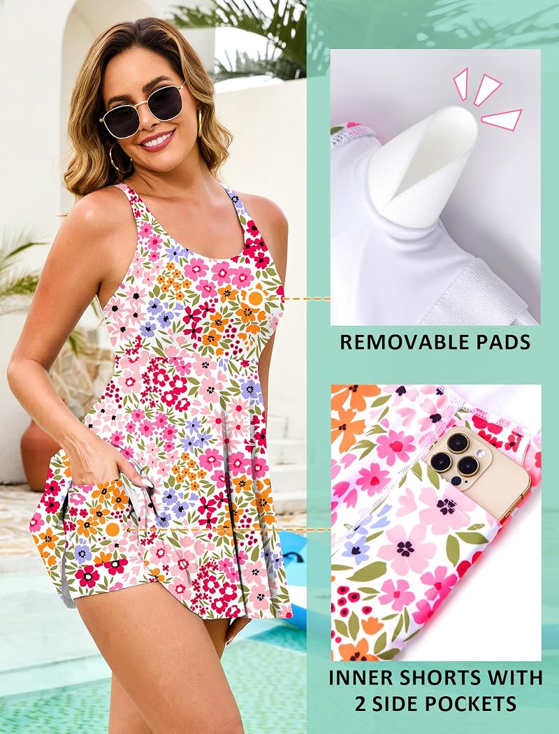 One Piece Swimsuit Women Tummy Control Swim Dress - Colorful Floral, Size S-24W