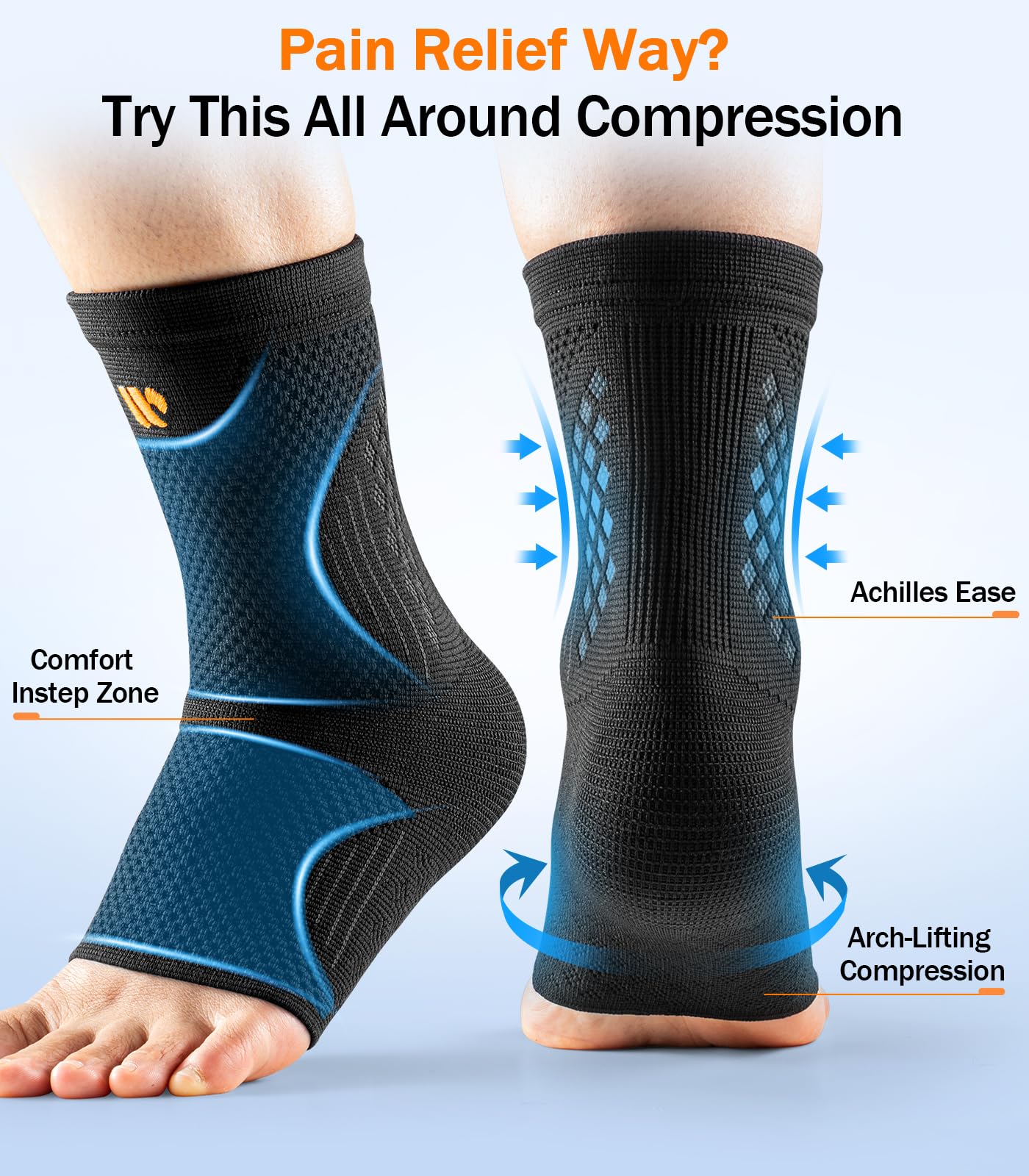 WHCOOL Low-Profile Ankle Braces for Women & Men, Customizable Ankle Compression Sleeve w/Wide Strap, Foot Support Wrap for Plantar Fasciitis Pain Relief, Achilles Tendonitis, Sprain, Black, 1 Pair, S