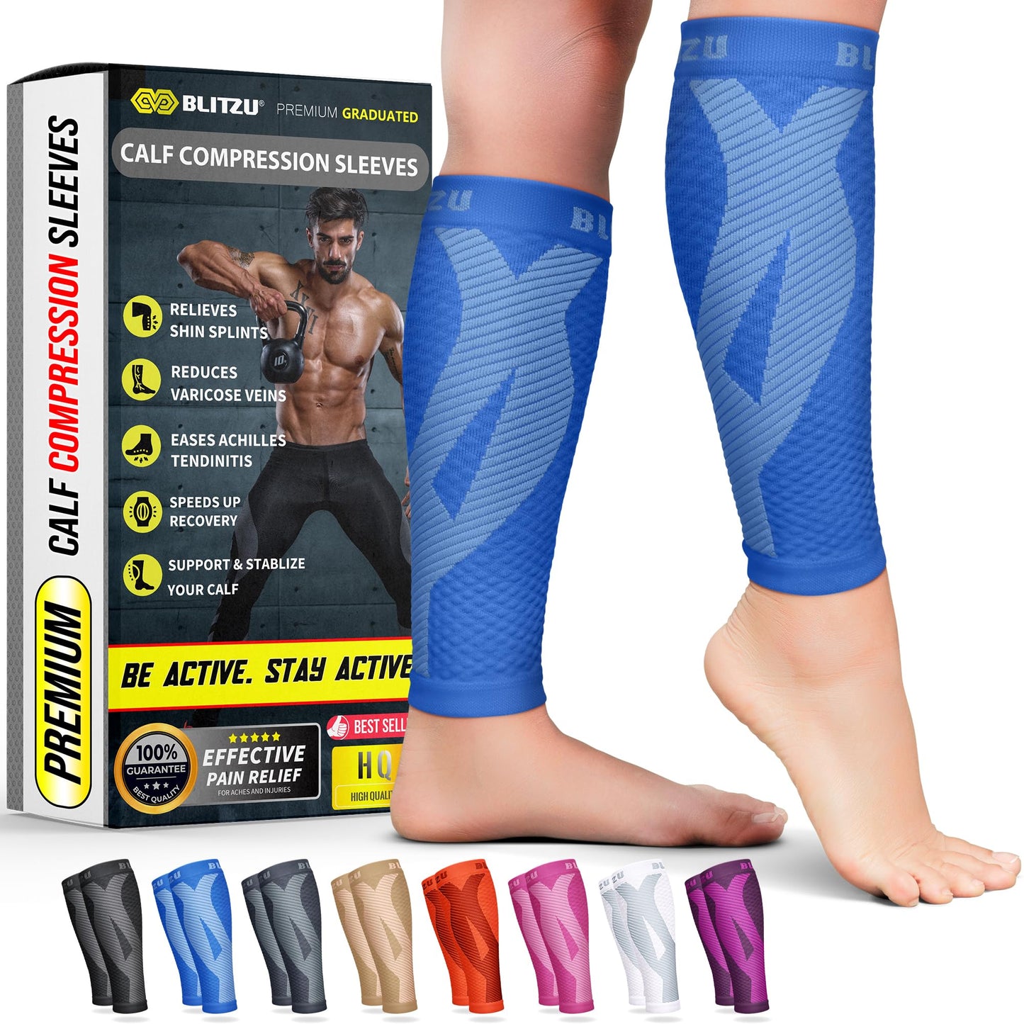 BLITZU Calf Compression Sleeve for Women and Men, Shin Splint Sleeves for Varicose Veins, Nursing, Pregnancy, Running, Footless Compression Socks Support for Calf Muscle Pain Relief Blue L-XL